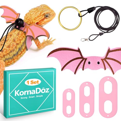 KornaDoz 3 Sizes S/M/L Adjustable Soft Leather Bearded Dragon Leash and Harness Set with Cool Wings, Reptile Lizard Costume Accessories for Geckos, Iguanas, Small Pets, Outdoor Walking