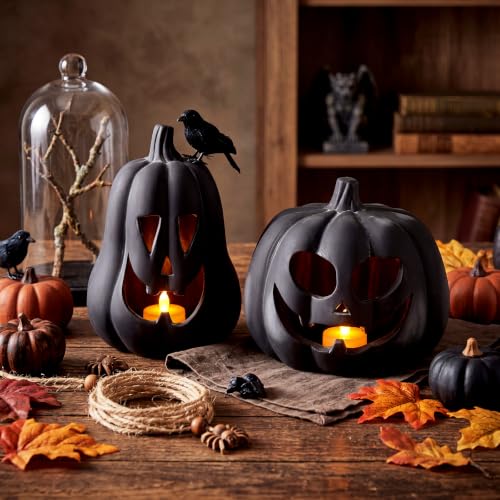 Tioncy 2 Pack Fall Decor Halloween Decorations Terracotta Pumpkin Decoration Handmade Clay Pumpkin Jack-o-Lantern Halloween Tealight Holder Rustic Farmhouse Fall Home Decor for Table(Black)