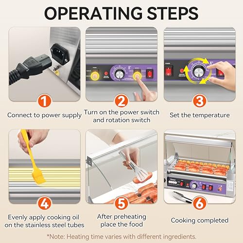 Commercial Hot Dog Roller 5 Rollers, 304 Stainless Steel, 12 Hot Dogs Capacity, 760W Fast Heating, Removable Oil Drip Tray, for Party, Home & Food Truck