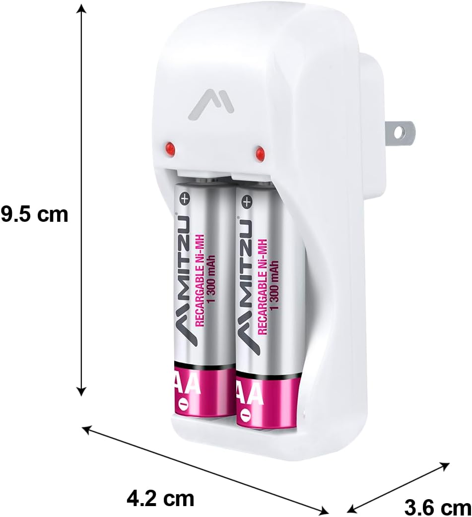 Mitzu MC-202 charger with dimensions labeled: 9.5 cm height, 4.2 cm width, 3.6 cm depth.