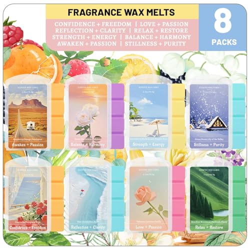 STRN Wax Melts, Energy Healing Scented Soy Wax Cubes for Wax Warmer, 8 Themed Scents Calming Long Lasting Fragrance for Home, Spa, Bedroom, 2.5 OZ x 8 Packs