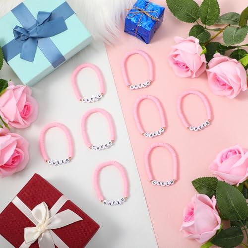 Image of Landical 24 Pcs Cheerleader Gifts Stackable Clay Bead Cheer Bracelets Friendship Bracelets Senior Night Cheer Gifts for Girls(Pink)