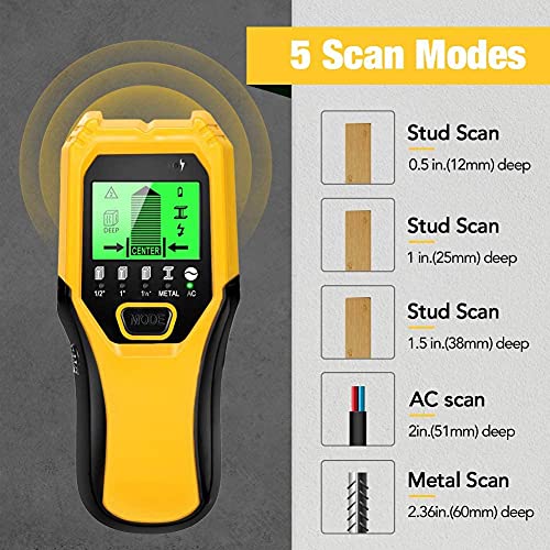Stud Finder Sensor Wall Scanner - 5 in 1 Electronic Stud Sensor Locator Wood Beam Joist Finders Wall Detector Edge Center Finding with LCD Display for Wood Live AC Wire Metal Studs Detection (Yellow) - Thumbnail 3