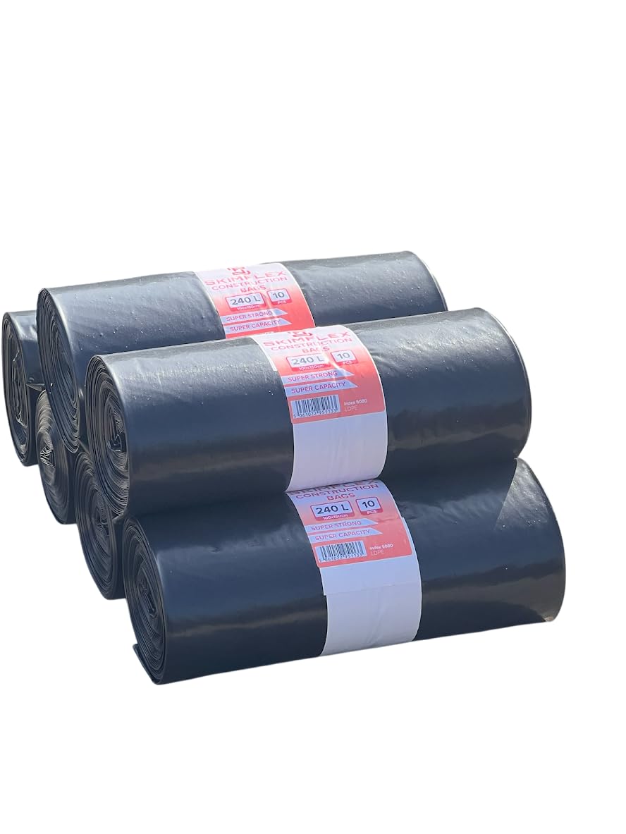 Skimflex Black Rubble Sacks 240L Heavy Duty 75 Micron Strong Builders Waste Bags For Rubble, Insulation & Construction Debris Bin Bags Roll Of 10