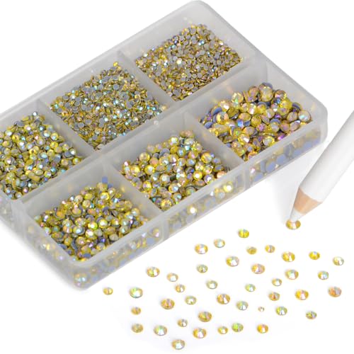 NCB Hotfix Iron on 8000pcs Crystal Rhinestones Round Gem for Crafts Decoration DIY Jewelry Making with a Picking Pen (Citrine AB, 6Sizes SS3-SS12)