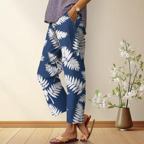 Women's Summer Casual Boho Pants Floral Capris Wide Leg Pant Pockets Elastic Waist Loose Baggy Beach Trousers Trendy2