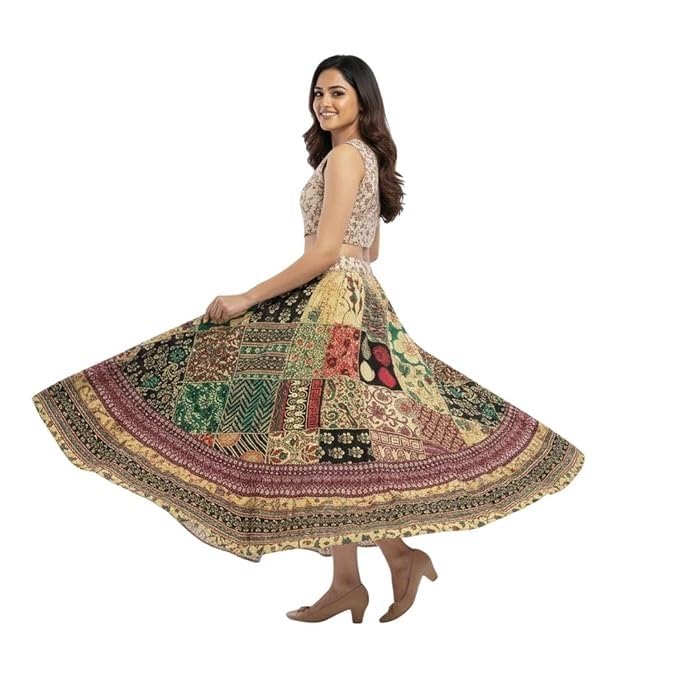 Image of HARSHITA-Enterprises Jaipuri Women's Cotton Printed Elastic Long Skirts