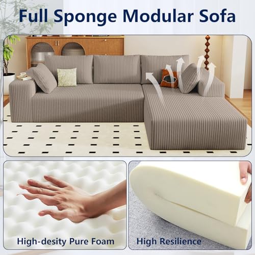 Image of 96 inch Modular Sectional Sofa, Modern Corduroy Cloud Couch with Deep Seat, Boneless Couch Upholstered 3-Seater L-Shaped Sofa for Living Room, No Assembly Required (Camel, Right-Facing Chaise)