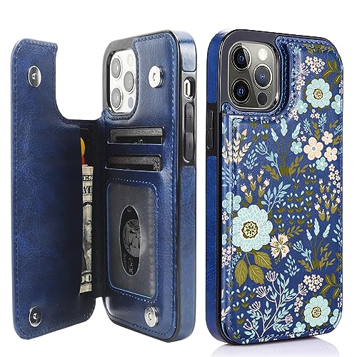 uCOLOR Flip Leather Wallet Case with Card Holder Kickstand Marble Design for iPhone 12 Pro/12 Women and Girls (Blue Flowers)