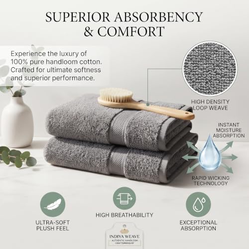 Image of 100% Cotton Handloom Hand Towel | Pack of 2 | Dark Grey | High GSM | Soft & Highly Absorbent | Quick Dry Woven Cotton | Skin Friendly | Bathroom, Kitchen, Gym & Travel