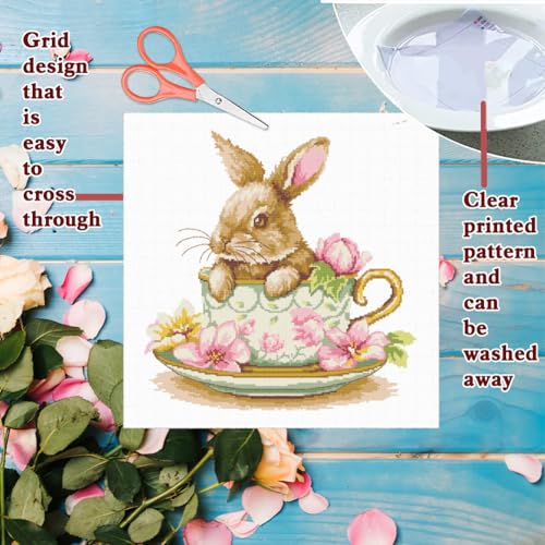 FREEBLOSS 11CT Cross Stitch Kits Cute Bunny Stamped Cross Stitch Wall Painting Craft Kit Full Range of Embroidery Starter Kits for Adult Beginners with Instruction 17.7 x 17.7 by FREEBLOSS - Image 3