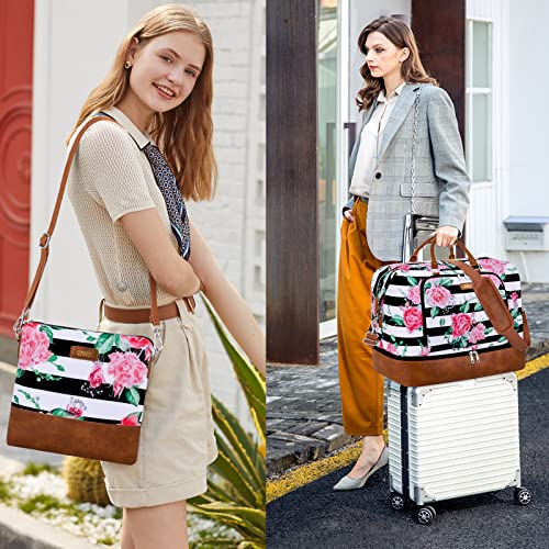 Image of Travel Weekender Bag for Women, Overnight Bag with Shoe Compartment Oversized Travel Duffel Bag Carry On Tote 21 inch, M-Flower Black & White Strips, Large, Weekender Bag
