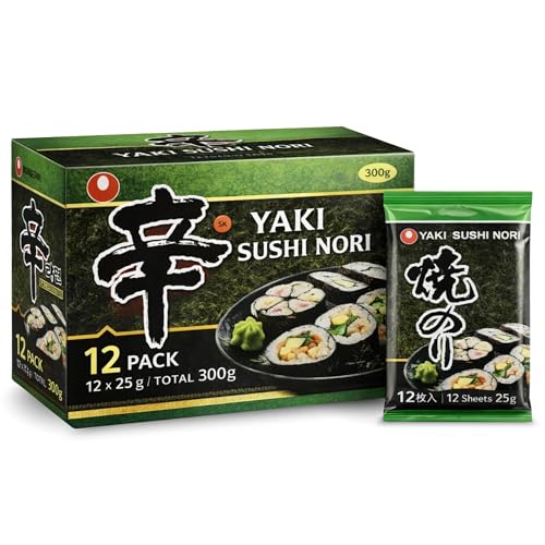 Alga Nori Yakinori, son ideales para enrollar el sushi, temaki y onigiri, Las hojas de calidad tienen un color vibrante y textura crujiente Grado Gold, Contiene 12 paquetes de 10 hojas, 300 gr total