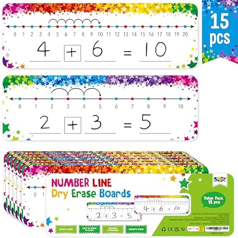 15 PCS Number Line Dry Erase Boards, Writable and Erasable Double Sided Board-0-10 on One Side & 0-20 on Other Side Math White Board for Kids, Students, Classroom and Home (12” x 4”, Colorful Stars) Cover
