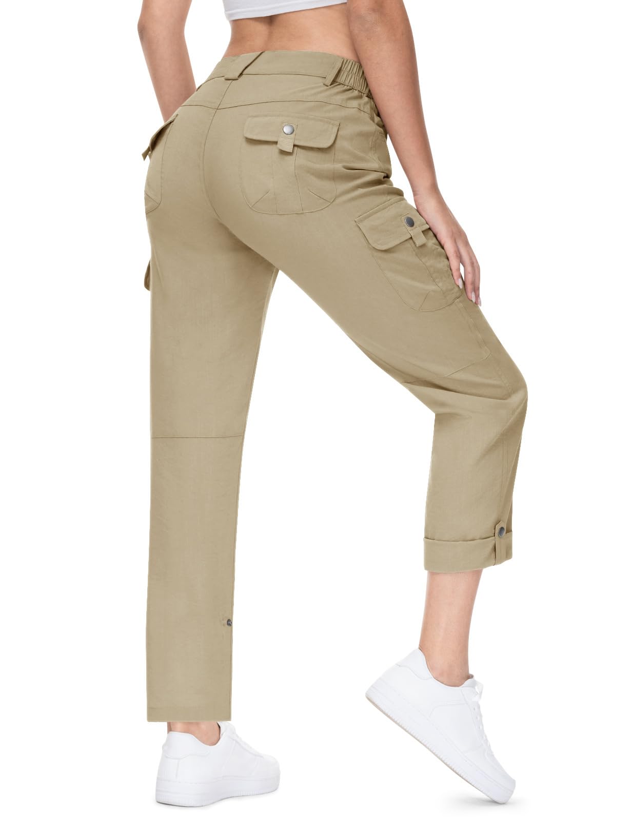 Photo 1 of TBMPOY Women's Hiking Waterproof Pants Quick Dry Convertible Lightweight Roll Up Cargo Pockets Travel Essentials Work Light Khaki XL