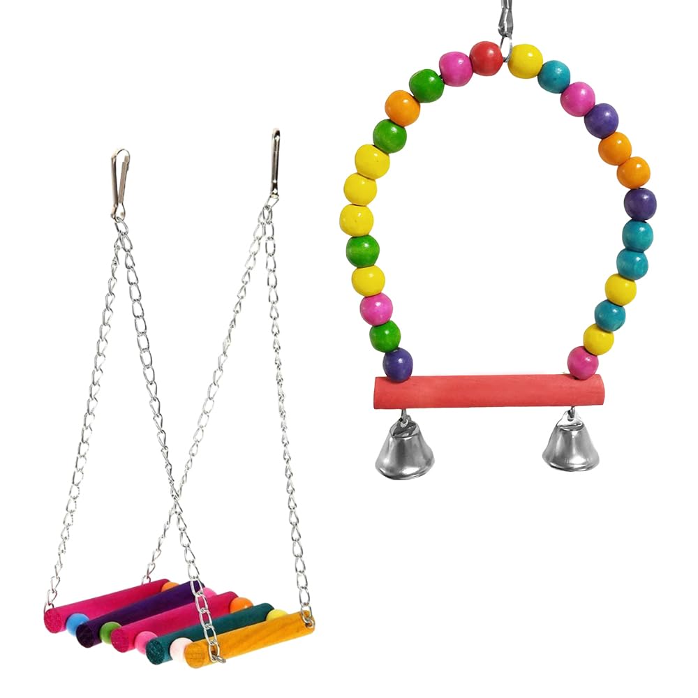 2 Pack Parrot Swing Set, Colorful Wooden Ladder & Perch Toys for Chewing Climbing & Hanging, Ideal for Budgies Parakeets
