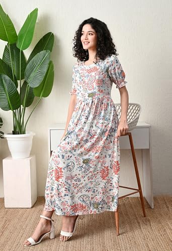 Image of Ichaa Women's Aqua Rayon Printed Maternity Dress with Feeding Zips and Pocket, in Plus Sizes