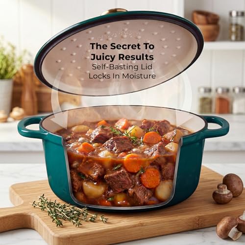 Image of Zulay Kitchen 5 Quart Enameled Cast Iron Dutch Oven Pot with Lid - Premium Durability & Oven Safe up to 500F - Heavy Duty Cookware Perfect for Bread Baking, Stews, Braising & Roasting - Emerald