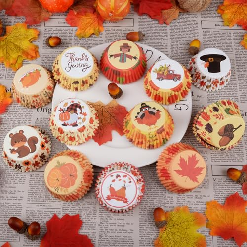 Image of 600 Pack Fall Cupcake Liners Thanksgiving Cupcake Wrappers Disposable Baking Cups Muffin Liners for Birthday Party Fall Themed Party Supply Decor (12 Styles)