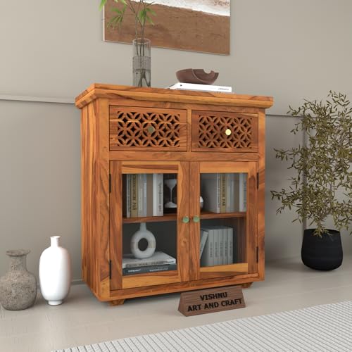 Image of Solid Sheesham Wood Sideboard Cabinet for Living Room | Wooden Storage Cabinet with 2 Acrylic Glass Doors & 2 Carved Drawers | Modern Display Sideboard for Home (Honey Finish)