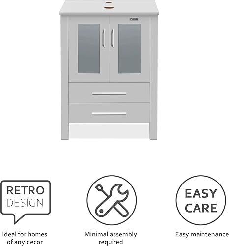 Miniatura 5 de eclife Lavabo de tocador de baño moderno de 24 pulgadas con soporte gris con fregadero de vidrio azul y grifo de ahorro de agua y drenaje