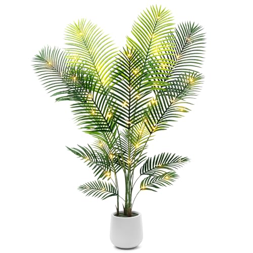 6ft Artificial Palm Tree with LED Fairy Lights & White Planter - Lifelike Faux Tropical Areca Palm...