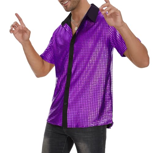 Image of Zando Men's Sequin 70s 80s Disco Shirt - Retro Short Sleeve Button Up Costume Halloween New Year Party Outfit Top & Clubwear