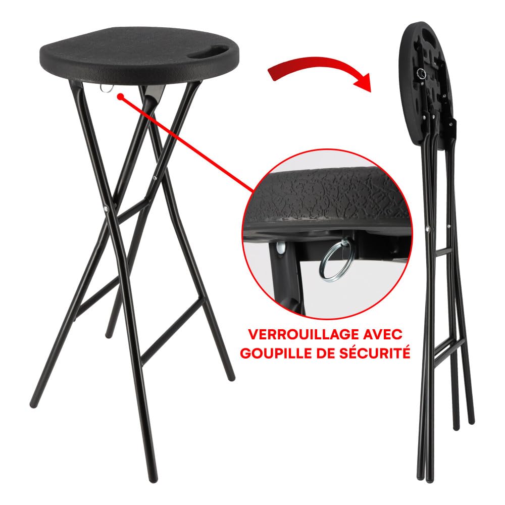 Tabourets haut pliant X2 - Hauteur 80cm - Tabouret de bar pliant - Tabouret mange debout - Siège résine Structure Acier - Noir
