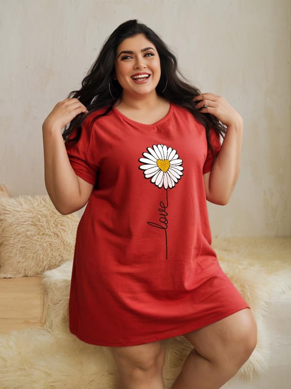Image of Fflirtygo Women's Cotton Nighty | Printed Knee Length Nighty | Short Sleeve Nighty | Short Nightdress | Long T-Shirt | Regular Fit Night Gown | Nightwear | Sleepwear & Casual Wear Nighty