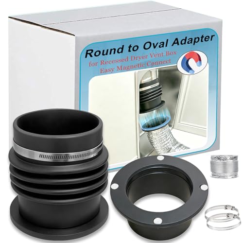 JPFLAEYX Round to Oval Duct Adapter with Magnetic Coupling for Recessed Dryer Vent Box Hose Connection 4 Inch Dryer Vent Hose Connector Easy Magnetic Connect for Tight Space
