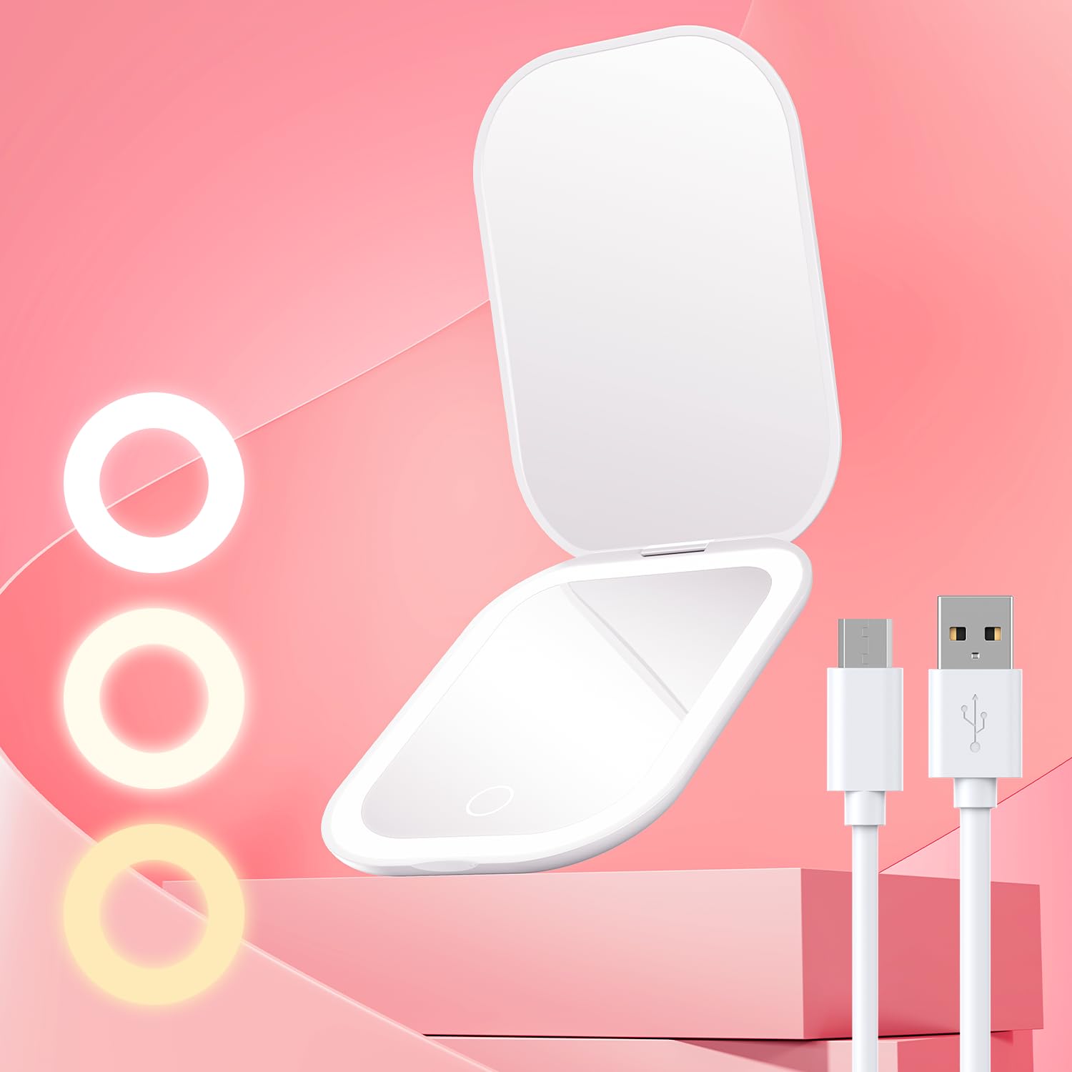 Gospire Espejo de maquillaje de viaje ultra delgado iluminado con luces y aumento, espejo de aumento recargable 3X con 3 colores de luz y brillo ajustable, espejo compacto LED para bolsos