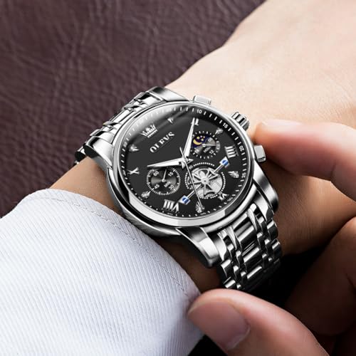 OLEVS Mens Watches Luxury Business Stainless Steel Chronograph Moon Phase Waterproof Date Analog Quartz Dress Watches for Men,Silver/Blue/Black/Gold Dial2