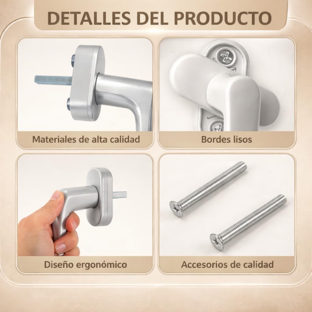 Confezione da 4 maniglie per finestra multipunto in alluminio argento – maniglia per finestre oscillanti e praticabili | Quadretto 7 mm universale | Maniglia resistente (4, argento opaco