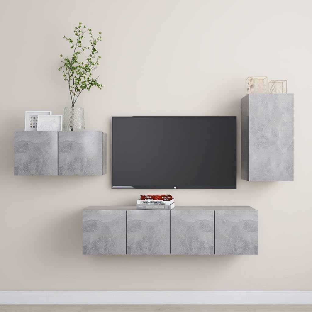 4-TLG. TV-Schrank-Set, Betongrau Holzwerkstoff, Hängend, Modernes Media-Center, Wandmontage, Stauraum für Wohnzimmer, Schlafzimmer