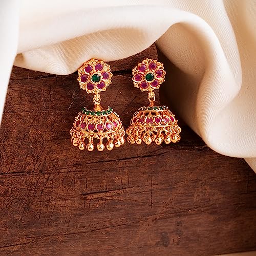 Image of Radha's Creations brass Ruby Emerald stud earrings one gram gold for women and girls one gram gold