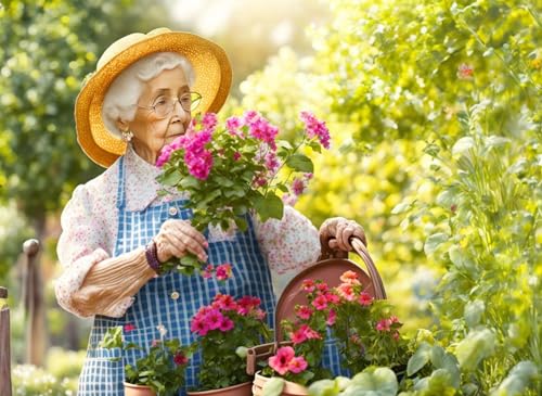 Poster sur toile femme âgée pot de fleurs SERENDIPITP décoration murale jardin