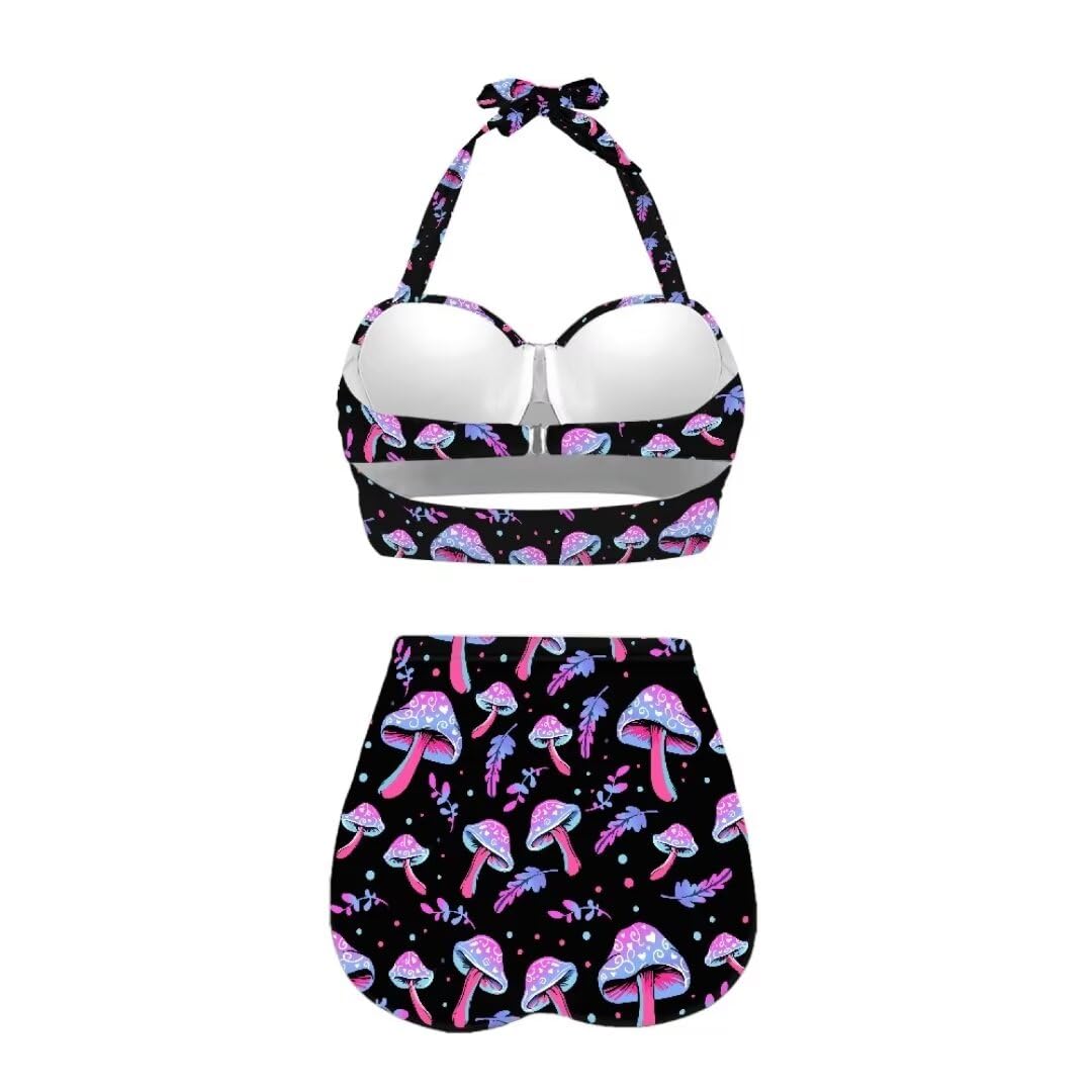 Youngerbaby Purple Mushroom Bikini Sets for Women High Waisted 2 Piece Leaves Print Bathing Suit Halter Swimwear Sexy Soft Comfy Plus Size XL