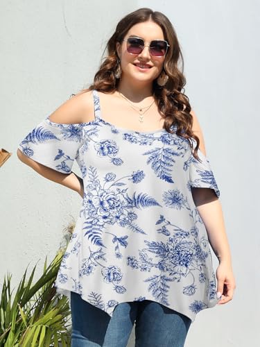 Image of LARACE Cold Shoulder Tops for Womens Summer Clothes Spaghetti Strape Tunic Oversized Shirts Asymmetrical Plus Size Blouse