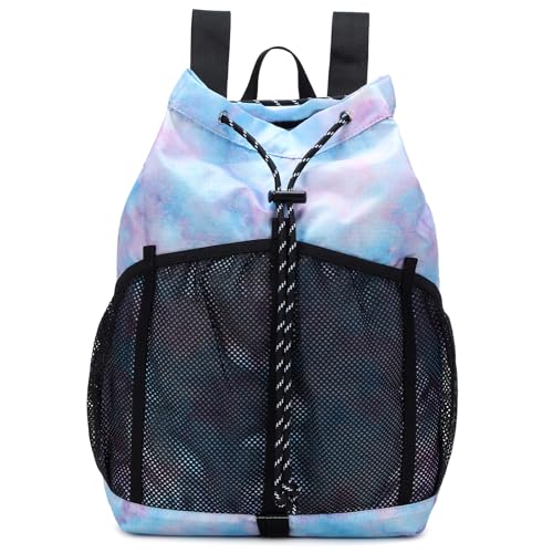 Lohol Lightweight Drawstring Backpack with Mesh Pockets for Women Men, Water Resistant String Bag for Sports Beach Swimming Camp Travel (Galaxy Purple Blue)