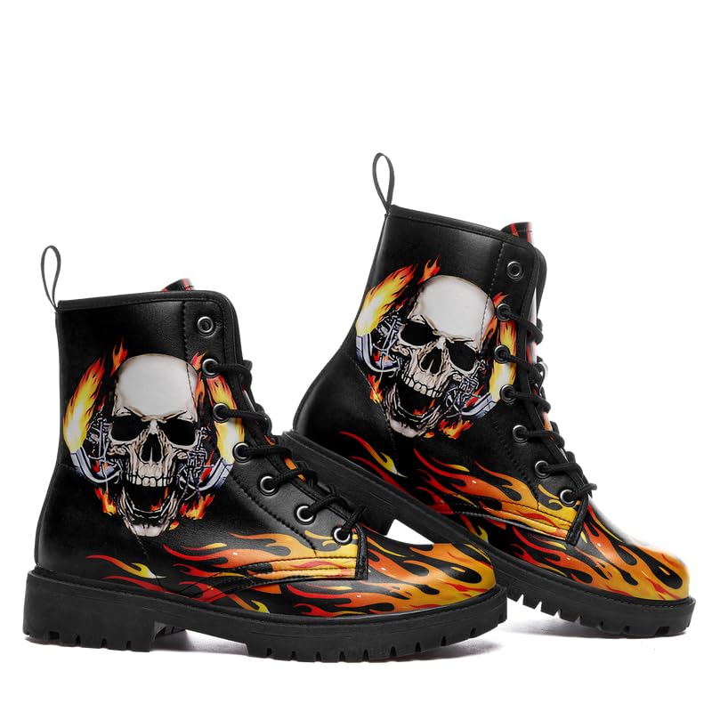 Image of Custom Black Combat Boots for Women Fashion Lace-Up Skull Rose Ankle Booties Chunky Heel Platform Leather Boots