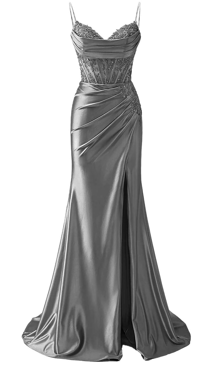 Yiann Women's Grey Prom Dresses With Slit For Teens Lace Applique Satin Celebrity Pageant Dress Corset Long Formal Gown Uk10