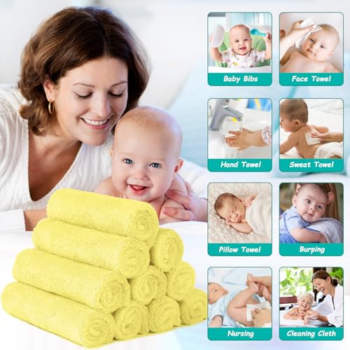 Image of HOMEXCEL Baby Washcloths 12 Pack-Microfiber Coral Fleece Baby Bath Face Towel 7 x 9 Inch Extra Absorbent Soft Burp Cloth and Wash Cloths for Newborn-Infants and Toddlers,Yellow