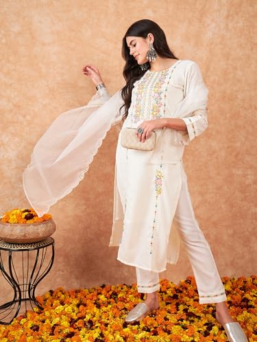 Image of INDO ERA Women's Embroidered Straight Kurta & Pant with Dupatta Set
