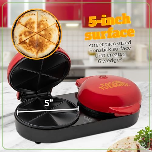 Nostalgia Taco Tuesday Double Street Taco Quesadilla Maker – Two Side-By-Side 5 Inch 6 Wedge Cooking Surface for Beef, Steak, Chicken, Bean, Veggie, and Cheese Street Taco-Sized Quesadillas - Red - image 3