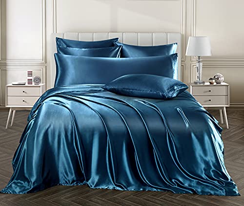 Image of Ersmak 7 Pieces Satin Sheets Set California King Size, Luxury Silky Navy Blue Satin Bed Sheets Set with 1 Deep Pocket Fitted Sheet, 1 Soft Flat Sheet, 4 King Pillowcases and 1 Body Pillowcase