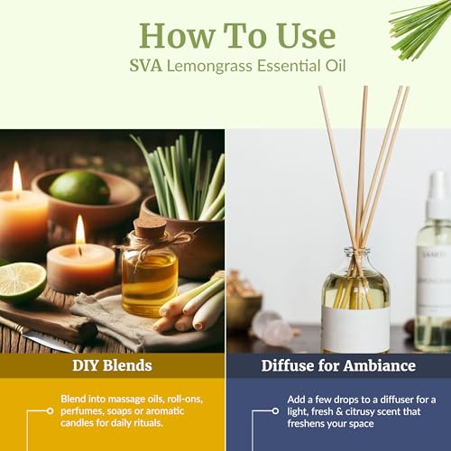 Image of SVA Organic Lemongrass Essential Oil, Large Size, 16 Fl Oz (473 ml) | Lemongrass Oil for Diffuser, Humidifier, Home Fragrance, Room Spray, Skin, Body Massage, Soap Making, Candle Making & DIY
