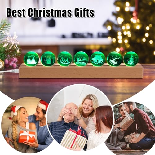 Image of JOJOCY Christmas Glass Crystal Ball Light with Wooden Base, USB-Powered Colorful LED Night Lamp with 7 Christmas Tree Santa Claus and Elk Patterns for New Year's Gift