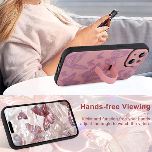 Image of for iPhone 15 Case with Finger Strap Holder, Cute Cool Butterfly Print Pattern Design for Women Girls, Shockproof Anti Scratch Hand Kickstand Protective Cover, Pink