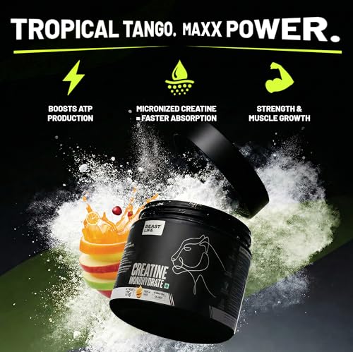 Image of BeastLife Micronised Creatine Monohydrate with Free Shaker | 125g | 33 Servings | Tropical Tango | NABL Lab Tested | Rapid Absorption for Muscle Strength & Athletic Performance | Super Micronised Creatine Powder