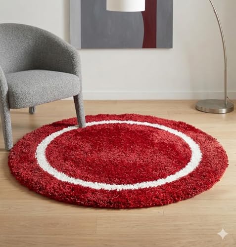 Image of Shaggy Polyester Microfiber Round Rug Carpet for Living Room | Ultra Soft Fluffy Plush Area Rug | Anti-Skid Non-Slip Backing | Washable Carpet for Bedroom- (2x2 feet, Ring Red, Round)